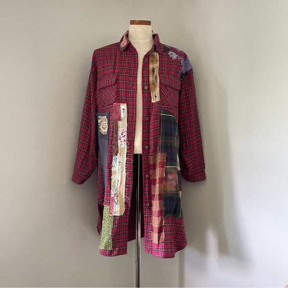 Tops - Upcycled Red Long Flannel button shirt size Large Motörhead patch wearable art